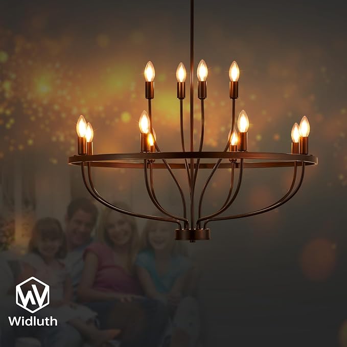 33.5" Industrial Black Chandelier Vintage 12-Lights Rustic Candle Style Chandeliers Light Fixture Retro Farmhouse Black Chandelier for Dining Room, Kitchen Island, Living Room, E12