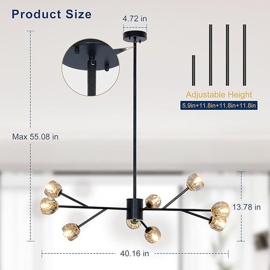 Depuley Modern Black Sputnik Chandelier: 9-Light Crystal Glass Chandelier for Dining Room - Kitchen Table Light Fixture Mid Century Hanging Lamp Height Adjustable for Foyer (Included G9 Bulbs)