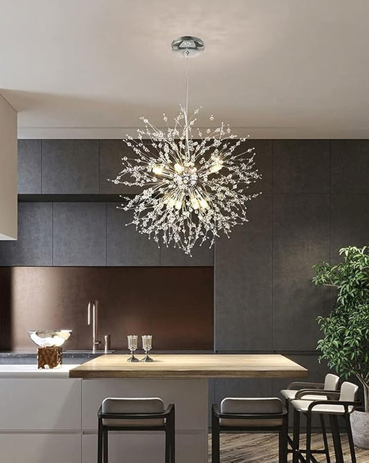 Modern Crystal Chandeliers 9-Light Chrome Dandelion Light Fixture,Firework Chandelier,Personalized Ceiling Hanging Lighting for Bedroom,Dining Room,Kitchen,Aisle Chandelier