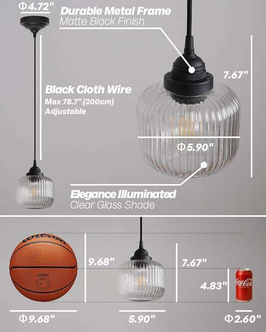 Vintage Ceiling Pendant Light with Clear Ribbed Glass Lampshade, Industrial Globe Hanging Light Fixture for Kitchen Island Hallway Dining Room Stairway