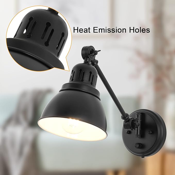 GOODATE Plug in Wall Sconces, Wall Sconce Lighting with Dimmable On Off Switch, Swing Arm Wall Lamp, Black Metal Industrial Wall Light Fixtures, Safety E26 Base, 6FT Plug in Cord