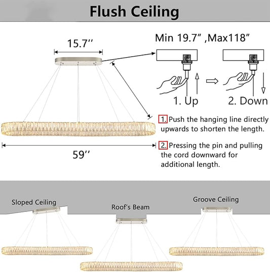 HAIXIANG Crystal 59 Inch Long Chandelier Modern Dimmable LED Chandeliers for Dining Table Pendant Lights Rectangular Glam Lighting Fixtures for Dining Room Kitchen Island Silver