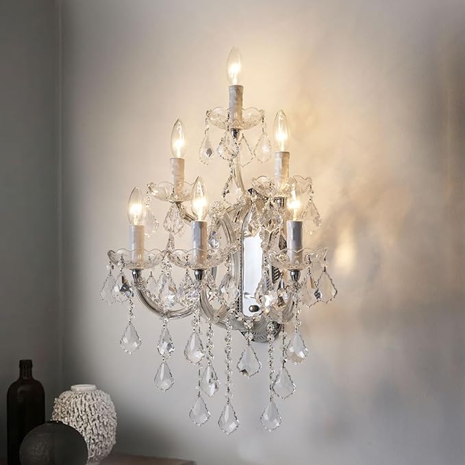 Large Modern Crystal Wall Lamp - 6 Lights Maria Theresa Wall Chandelier Light Fixtures, Chrome Wall Mounted Sconce for Hotel, Living Room, Hall, Lobby