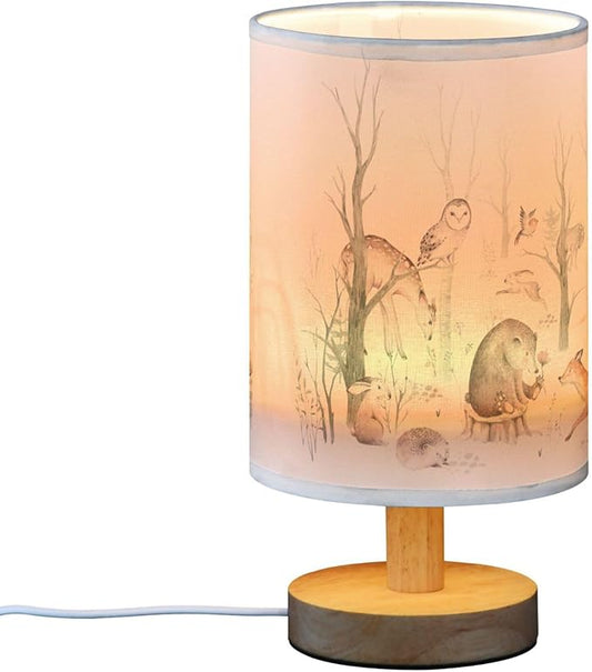 Woodland Animal Bear Fox Deer Owl Hedgehog Bird Bunny Forest Tree Table Lamp with Wood Base Fabric Lamp Shade Bedside Nightstand Desk Lamp for Living Room Bedroom Kids Room Office