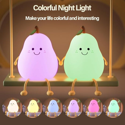 Led Cute Pear Night Light, Dimmable Nursery Lamps, Super Squishy Silicone USB Rechargeable Touch Control 7 Colors Night Lamp for Kids Adults, Used for Camping Party Room Decor(Pear)