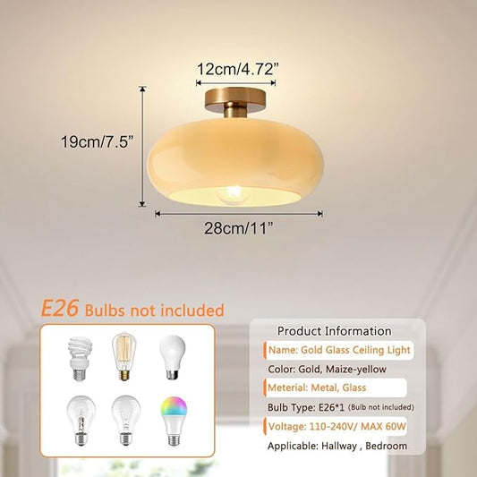 Gold Brass Flush Mount Ceiling Light Fixtures Mid Century Modern Ceiling Lights Brushed Milk Yellow Shade Glass Semi Flush Mount Light for Farmhouse Hallway Kitchen Sink Ceiling Lamp