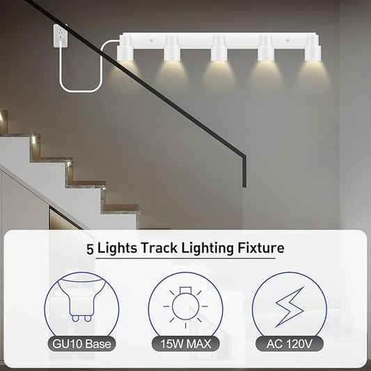 Track Lighting Plug in, 30" LED Track Light Fixtures Ceiling, White 5 Way Spotlight, Rotatable Head, Plug Wall Lights with 14.8FT Cord, Ceiling Lighting for Kitchen Hallway Bar(GU10, NO Bulb)