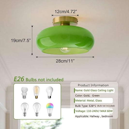 Green Ceiling Light - Mid Century Modern Flush Ceiling Light with Milk Glass Globe and Dark Green Lamp Shade in Brushed Brass for Dining Room