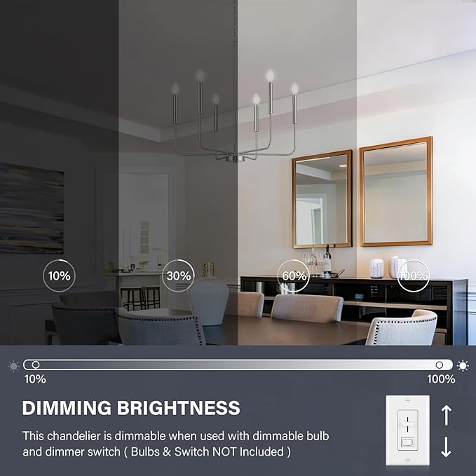 Modern Brushed Nickel Chandelier for Dining Room, Metal 6-Light Kitchen Light Fixtures, Farmhouse Candle Hanging Pendant Light for Living Room Entryway Foyer Bedroom (Bulbs Not Included)