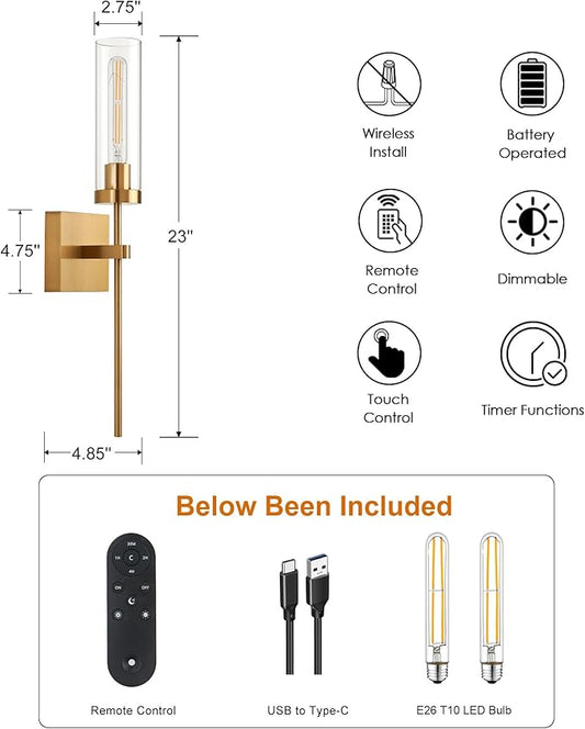 Wireless Wall Sconces with Remote Control, Brushed Gold Battery Operated Wall Sconce Set of 2, Dimmable Rechargeable Wall Decor Lights for Living room Dining room Bathroom Bedroom Hallway Stairwell