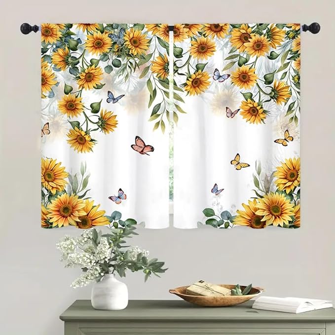 Yellow Sunflower Country Kitchen Curtain 27.5W X 39L Inch 2 Panel Rod Pocket Rustic Floral Flower Butterfly Farmhouse Over Sink Set Small Short Cafe Tier Window Drapes Bathroom Home Decor