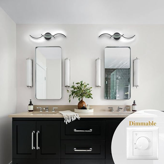 EDISLIVE Modern Wave LED Vanity Light Dimmable Modern Led Vanity Light Fixtures Linear Wall Sconce with Acrylic Strip Shade,24 in LED Vanity Lights for Bathroom Bedroom Makeup Living Room, Black