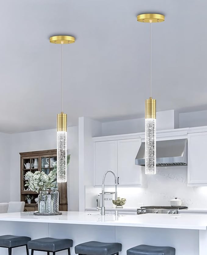 HAIXIANG Set of 2 Pendant Lights for Kitchen Island, White Light, Gold Crystal Linear Pendant Lighting, Bar Corner LED Light Fixture