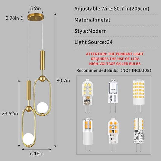 Modern Oblong Glass Pendant Light fixtures 2-Light, Simplicity Gold Pendant Lighting, Mid Century Chandelier for Kitchen Island Dining Room Bedroom Entryway Hallway(1-Pack)