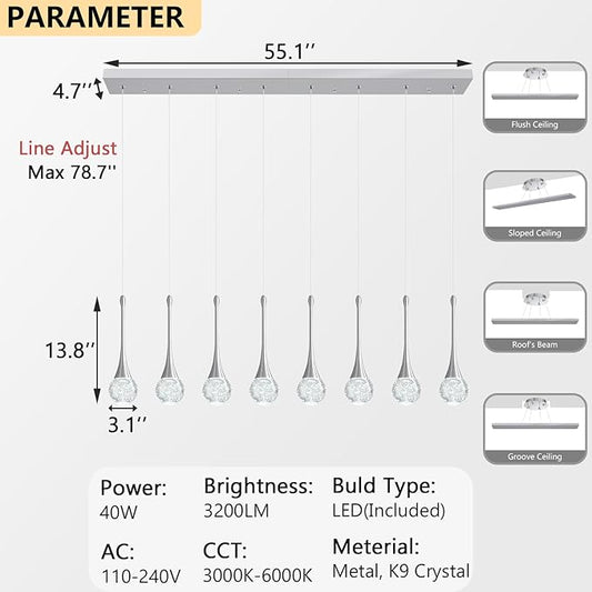 8 Light Modern Glam Crystal Rectangular Chandelier for High Ceiling LED Dimmable Ceiling Pendant Light Kitchen Island Staircase Foyer Enterway Living Room Chandelier Lighting Antique Silver