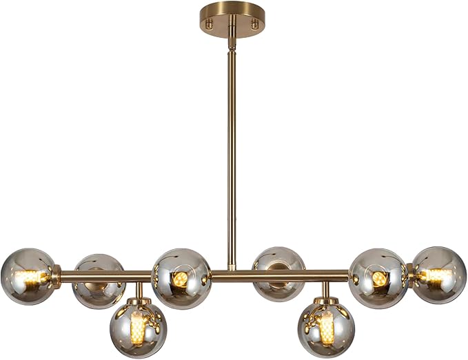 Sputnik Chandelier Gold Pendant Linear Light Modern Mid Century Light Fixture Grey Globe Shade for Dining Living Room Kitchen Island 8-Light