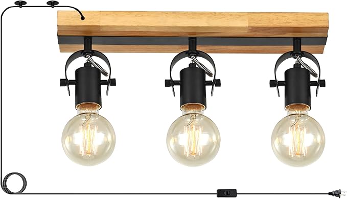 3 Light Plug in Track Light,Farmhouse Plug in Ceiling Light with 14.76-Foot Cord,Rotatable Ceiling Spotlight for Kitchen Dining Room Cabinet Hallway Living Room(No Bulb)