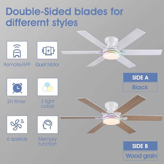 52" RGB Ceiling Fans with Lights and Remote,White Low Profile Ceiling Fans with Quiet Reversible DC Motor, Modern Flush Mount Fans Light for Kids Room Bedroom