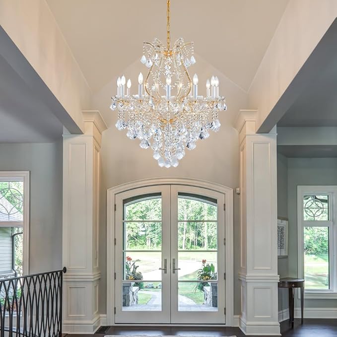 Large Gold Modern Crystal Chandelier Light Fixtures - 12 Maria Theresa Crystal Lights Pendant Light Foyer Chandelier Fixtures for Staircase Hallway Living Room Entryway