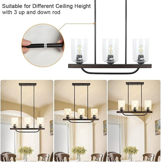Depuley 3- Light Rustic Pendant Light Fixture, Flush Mount Ceiling Hanging Light with Glass Shade, Adjustable Farmhouse Black Chandelier Lighting for Kitchen Island Dining Room Restaurant, E26 Base