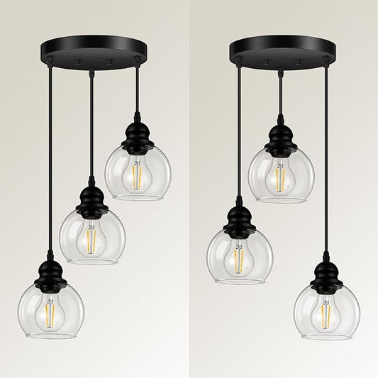 3-Light Pendant Light, Hanging Ceiling Lamp with Clear Glass Shade, Matte Black Pendant Lighting Adjustable Height Industrial Retro Style Hanging Light, for Kitchen Island Bedroom(E26 Base,No Bulb)