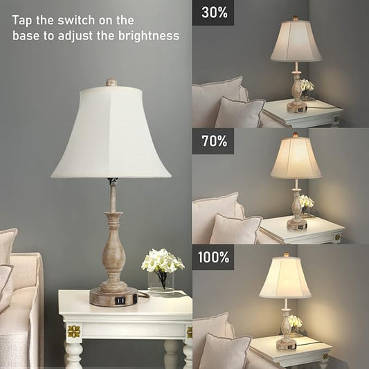 LALISU Farmhouse Table Lamp Touch Control 3-Way Dimmable Table Lamp, Modern Nightstand Lamp with 2 USB Port Bedside Desk Lamp with Fabric Shade for Living Room Bedroom Hotel (Pack 1-Beige Shade)