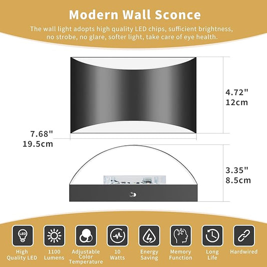 Black Modern LED Wall Sconce, 3 Colors Indoor Wall Lights, 10W Hardwired Up and Down Aluminum Wall Mount Lamp for Bedroom Living Room Hallway Corridor (Black, 4 Pack)