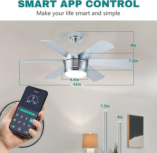 SHOWDI Ceiling Fan with Lights and Remote, 6 Blade App Control Timer Reversible Stepless Brightness and Color Temperature Outdoor Wood Ceiling Fan with Lights (Chrome, 42 Inch)