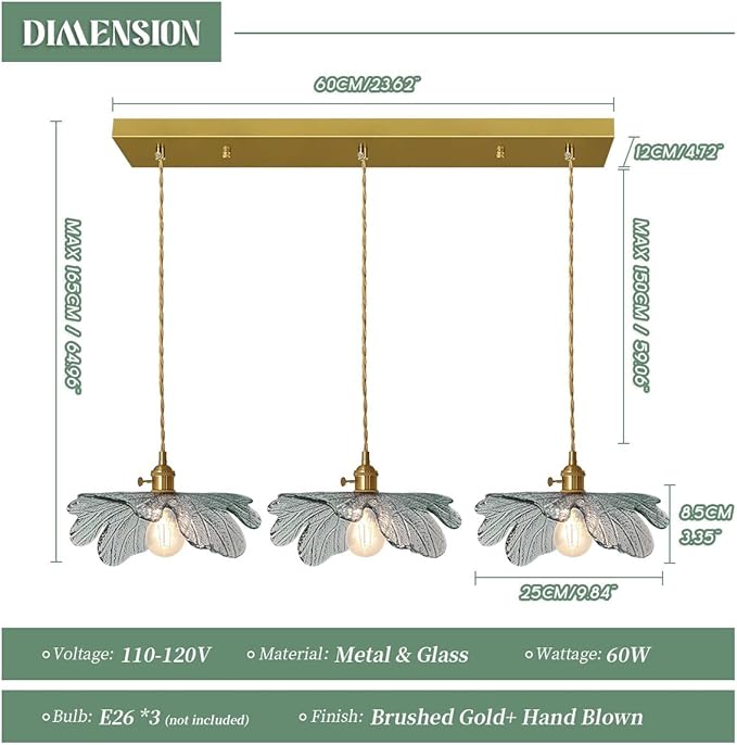 3-Light Flower Pendant Lamp Gold Dining Room Ceiling Pendant Light Fixtures with Dark Green Glass Leaf Shades, Cluster Pendant Light for Kitchen Bathroom Cafe Restaurant