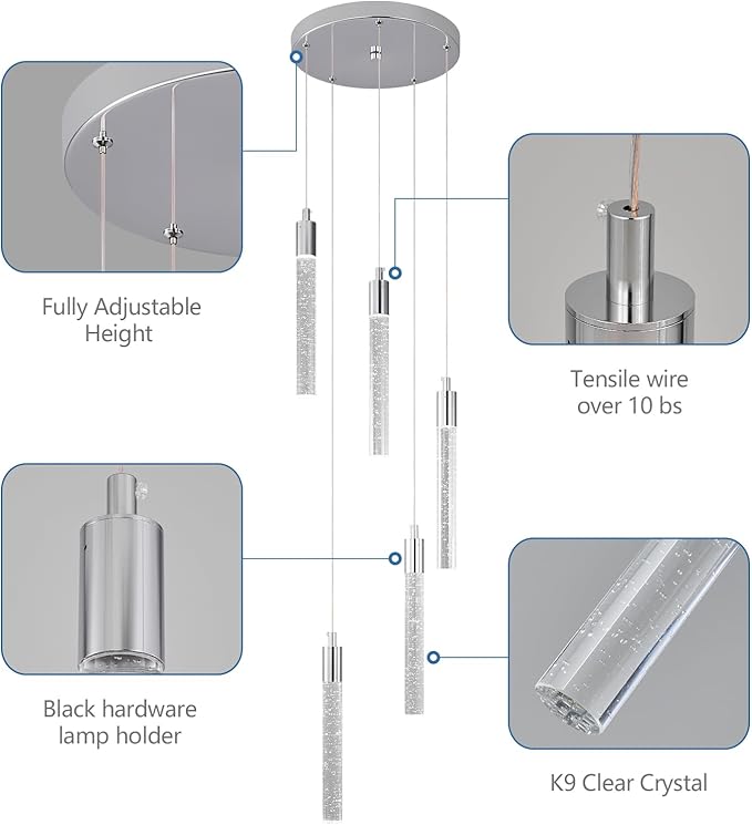 Modern Light Fixture Kitchen Island Pendant Light Dimmable LED Chrome Pendant Lights Mini Crystal Pendant Lighting for Bedroom Dining Room Living Room(5-Light )