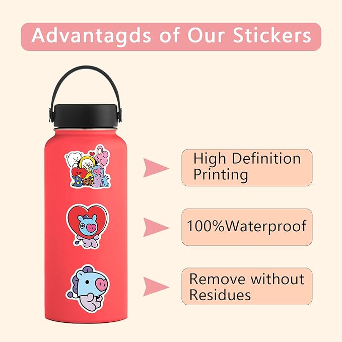 55pcs Cartoon BT21 Stickers for Water Bottle,Vinyl Waterproof BT21 Stickers for Laptop,Bumper,Skateboard,Water Bottles,Computer,Phone,Sticker for Kids Teens Adult