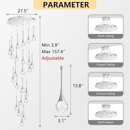 24 Light Modern Glam Crystal Chandelier for High Ceiling LED Dimmable Ceiling Pendant Light Staircase Foyer Enterway Living Room Chandelier Lighting Antique Silver