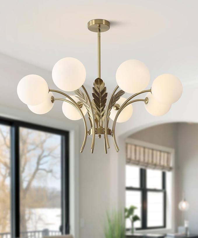 BOKT Gold Semi Flush Mount Ceiling Light Fixture 8 Ball Brass Milk Glass Sphere Sputnik Farmhouse Chandelier Hanging Kitchen Lights for Bedroom Living and Dining Room