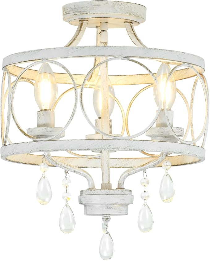 3-Light Modern White Crystal Chandelier, Farmhouse Ceiling Light Fixture, Hanging Metal Pendant Lights Kitchen Island Dining Room Entryway Foyer