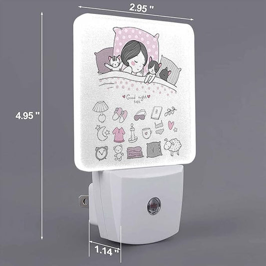 LED Night Light,Girl Cats Sleep in Bed Good Night Sweet Dream Bed Time LED Night Light Plug into Wall with Dusk to Dawn Light Sensor White Energy Efficient Nightlight for Bedroom Hallway