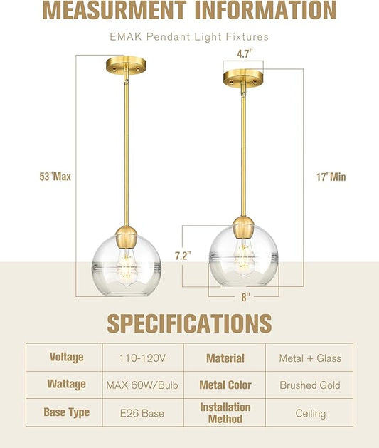 Emak 8 Inch Globe Pendant Lights Kitchen Island, Brushed Gold Pendant Light Fixtures with Clear Glass Shade, Modern Island Lights for Kitchen, Dining Room, Bathroom, PL121-BGD-AG