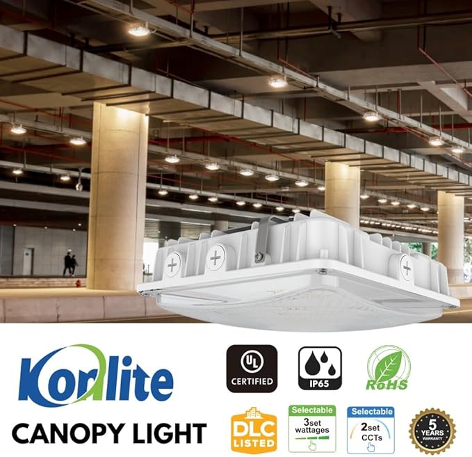 Konlite 63W/45W/30W LED Canopy Light - Selectable - 5000K/4000K - 9,360LM - Dimmable - 120-277V - 250W Equal, Residential & Commercial Indoor & Outdoor Light Fixture, UL, White