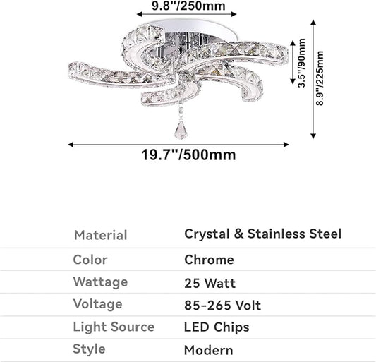 Finktonglan 19.7" Crystal Semi Flush Mount Ceiling Light, 5-Light LED Modern Chandelier, K9 Crystal & Acrylic, 25W, 6500K Cool White, Bedroom Living Room Dining Room Ceiling Lighting Fixture