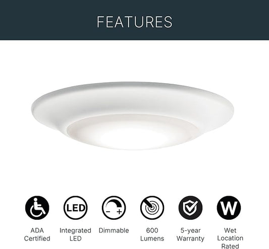 Kichler Gen 1 LED Downlight in White, 6” Ceiling Flush Mount Interior Dimmable Light, 3000K, (6” x 1.5”), 43878WHLED30