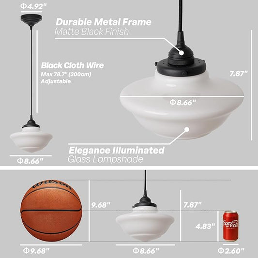 Modern Schoolhouse Ceiling Pendant Light with Milk White Glass Lampshade, Vintage Globe Hanging Ceiling Fixture Lamp for Kitchen Island Dining Room Hallway