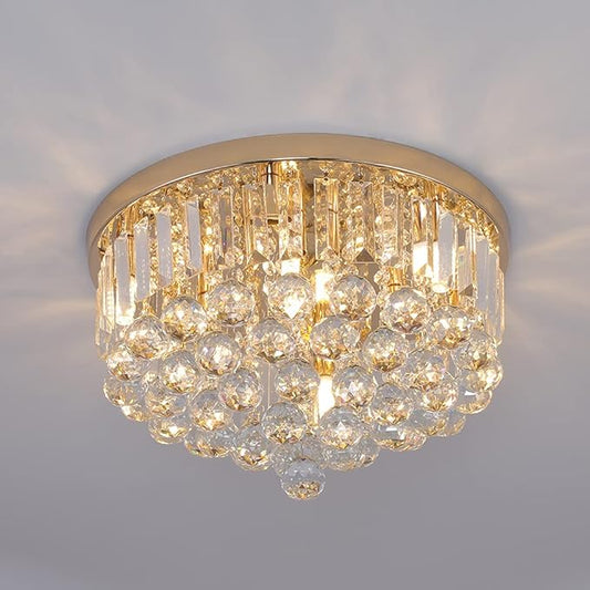 Mini Crystal Chandelier Ceiling Light,Flush Mount Modern Round K9 Crystal Raindrop Ceiling Lighting Fixture for Dining Room Bedroom Hallway Height 11''x Width 16''(French Gold)