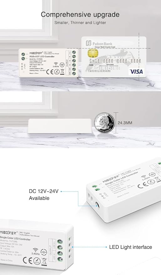 LGIDTECH FUT036S Single Color LED Strip Light Controller,Input DC 12-24V,Output Max 12A