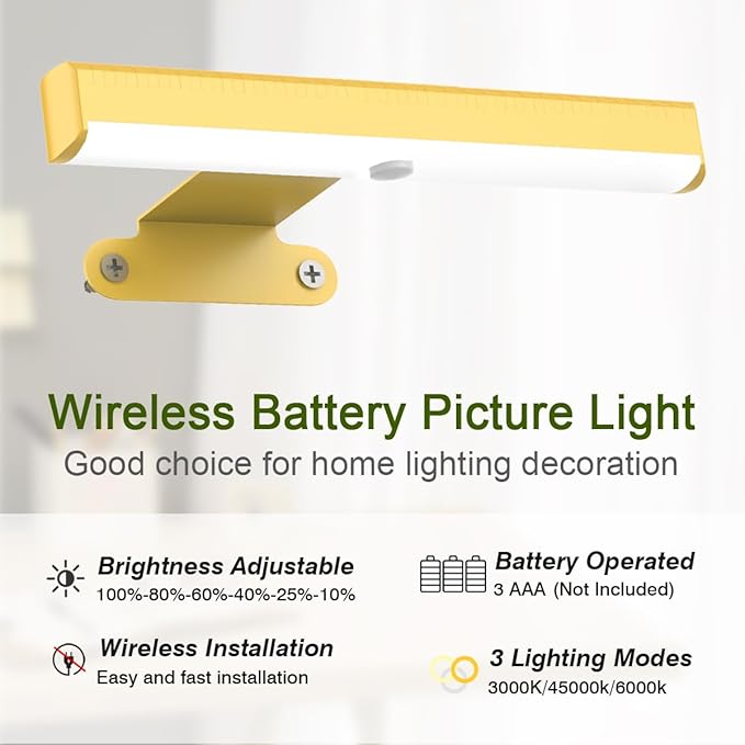 6Pack Wireless Picture Light with Remote,Battery Operated Wall Sconces for Wall Decor,3 Color Timer&Dimmable Paintings Light LED Art Display Lamp Picture Frame Light for Artwork Posters Gallery-Gold