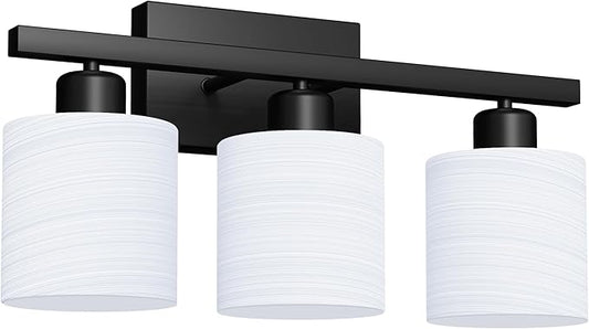 PARTPHONER Bathroom Light Fixtures, Bathroom Lighting Fixtures Over Mirror, Interior Classic Vanity Lights, Modern Vanity Light with Textured White Glass Shade, Matte Black, 3-Light