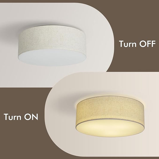 CALOKES 18-Inch Large Flush Mount Ceiling Light Fixture with Fabric Shade, Modern Drum Closed to Ceiling Lighting for Living Dining Room, Bedroom, Kitchen, Foyer - Farmhouse 3-Light Lamp & Chandelier