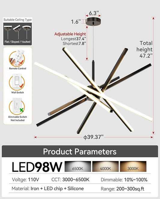 Modern Sputnik Chandelier Ceiling LED Black Pendant Light Embedded Mount Chandeliers Dining Room Light Fixtures Over Table Dimmable with Remote Control for Living Room Kitchen Bedroom (6-Light Black)