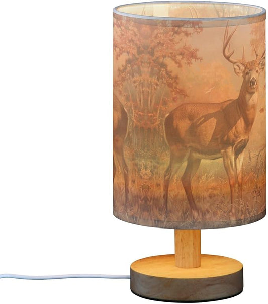 Table Lamp Deer Autumn Forest Nightstand Lamp with Wood Base Fabric Lamp Shade Bedside Desk Lamp for Living Room Bedroom Kids Room Office