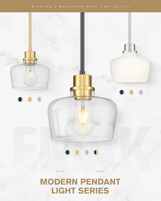 Emak 2 Pack Black Gold Pendant Lights Kitchen Island, Modern 8 Inch Clear Glass Pendant Light, Farmhouse Island Lights for Kitchen, Bathroom, Dining Room, PL122-BKBGD-CG-2PK