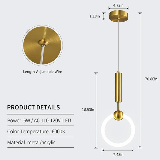 Modern LED Pendant Light Fixtures, Simplicity Gold Pendant Lighting,Circular Hanging Chandelier for Kitchen Island Dining Room Bedroom Entryway Hallway(Gold 1-Pack)
