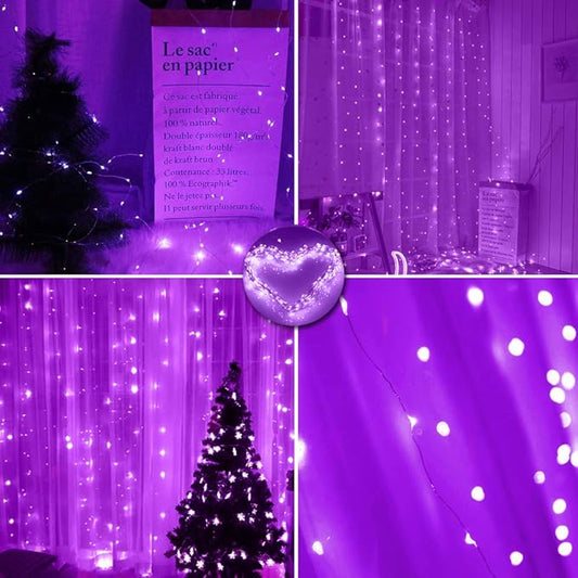 Curtain String Lights Halloween Decor, 300 LED Twinkle Lights with Remote Timer USB Power 8 Modes Purple Fairy Lights for Bedroom Wall, Tapestry, Window, Christmas Decor-9.8ft x 9.8ft(Purple)